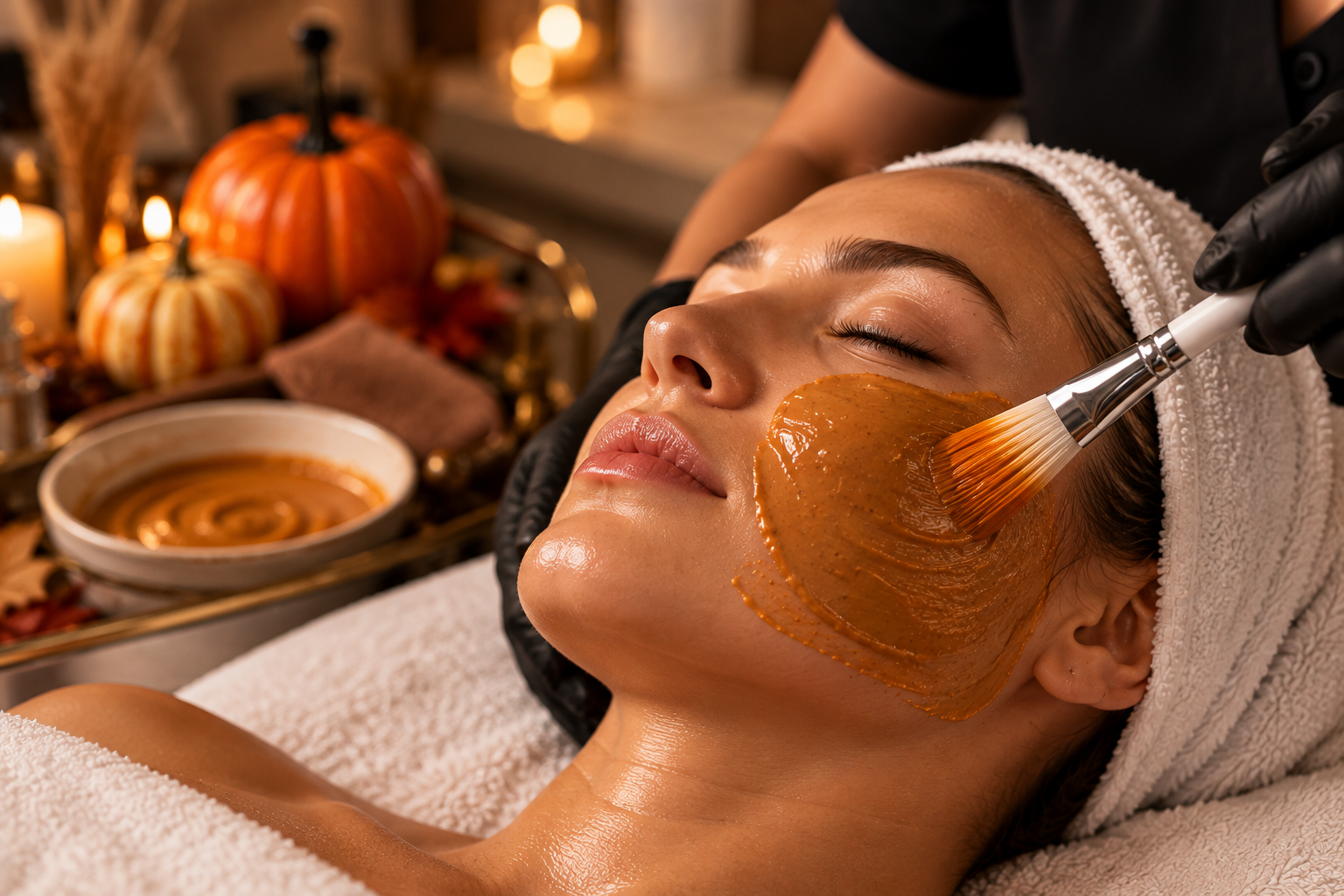 Autumn-inspired facial mask being applied during a spa treatment; illustrative image